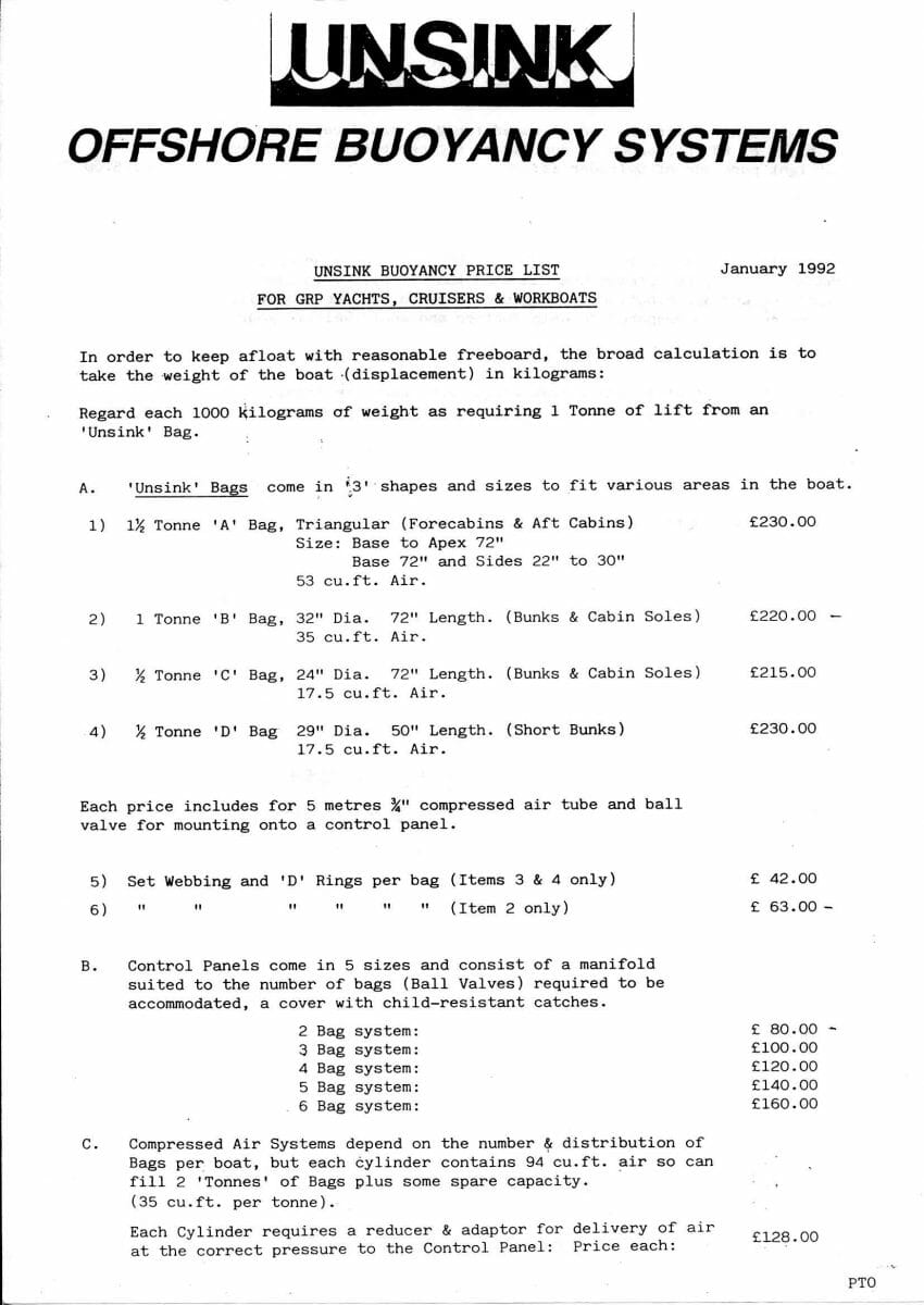 1992 Unsink Buoyancy-Prices Jan92 p 1 of 2