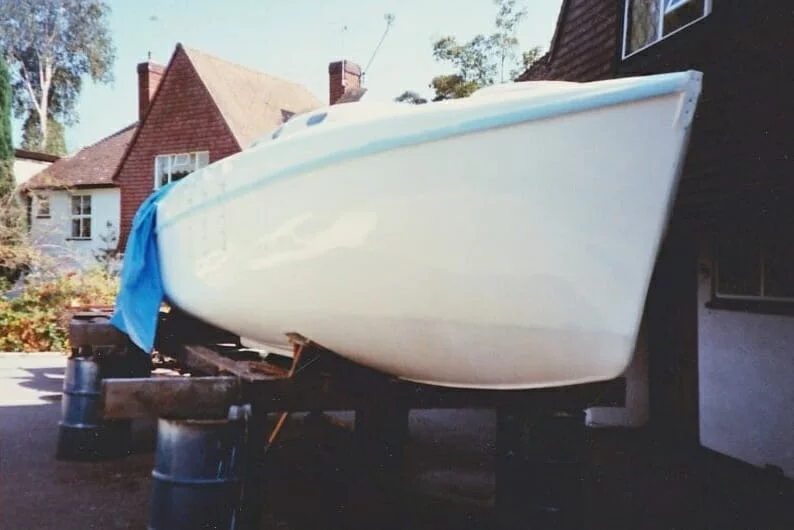 A86 1990 On the drums....Showing epoxy on underside, and respray of hull.