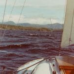 A51 Lavedo Sound Northern BC Canada. Storm jib only making for (arrowed) entrance between rocks 1990