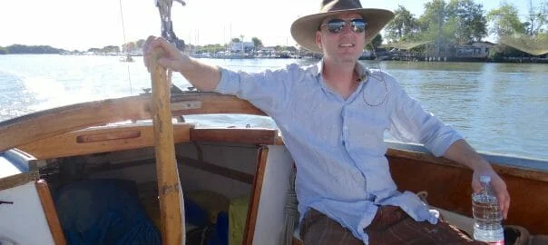 Atalanta owner in his element. One hand on the tiller, other on the vodka bottle.