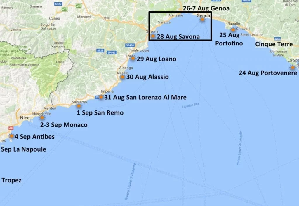 At Genoa we turned South.