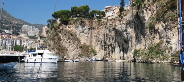The small boat harbour, SW of the clifftop old Monaco. An impressive hole overshadowed but the the cliffs on which Old Monaco stands.