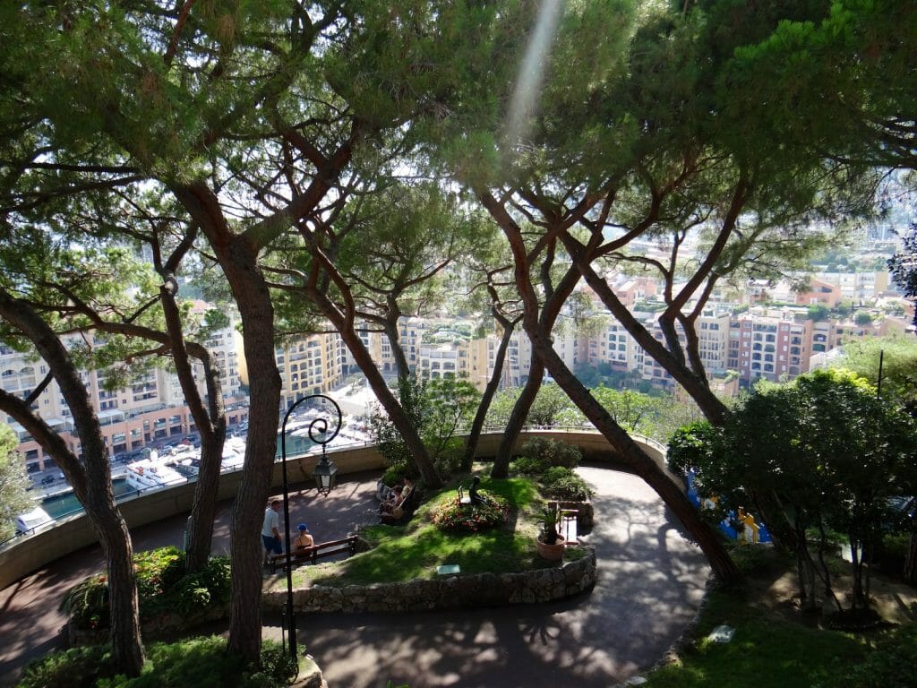 Tree lined footpaths overlooking the  Port de Fontveille and Atalanta Mary