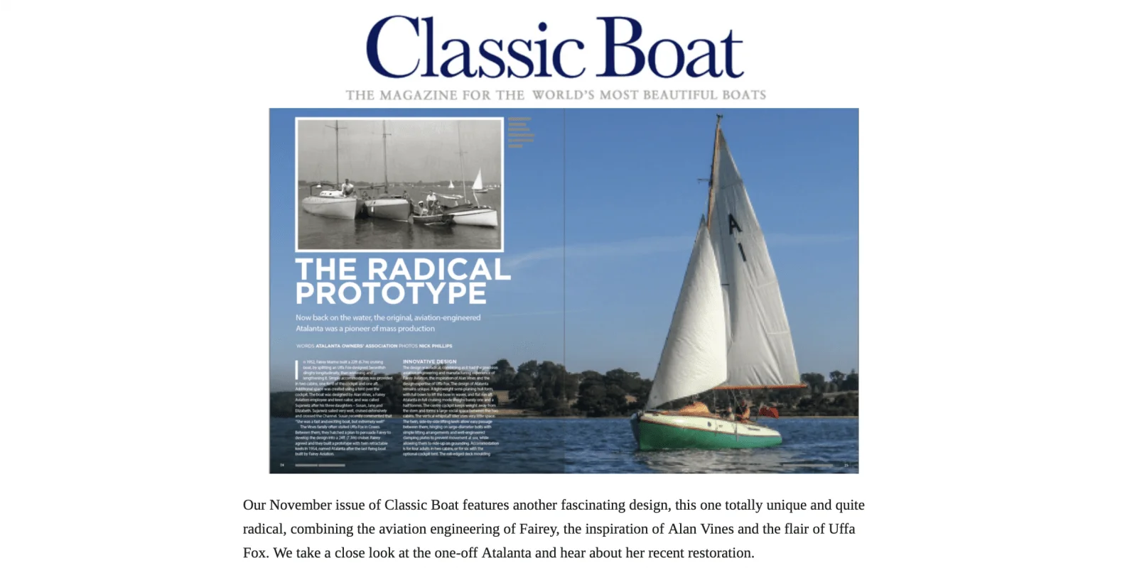 A1 features in Classic Boat with an overview of the design and her first 21st century restoration
