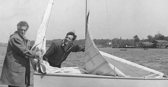 Uffa Fox and Charles Currey in a Firefly, copyright Fairey Marine / Currey Family