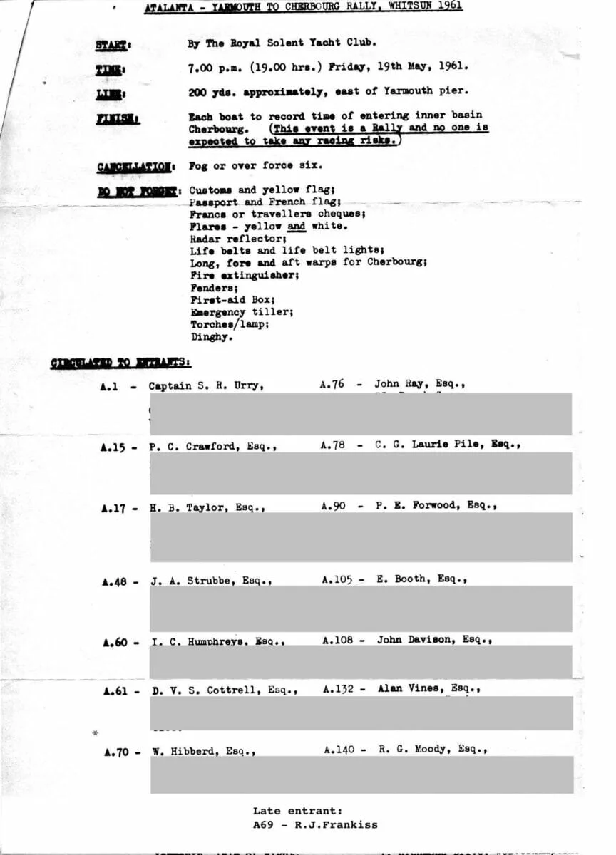 1961 Yarmouth-Cherbourg Rally 1961-entrants list