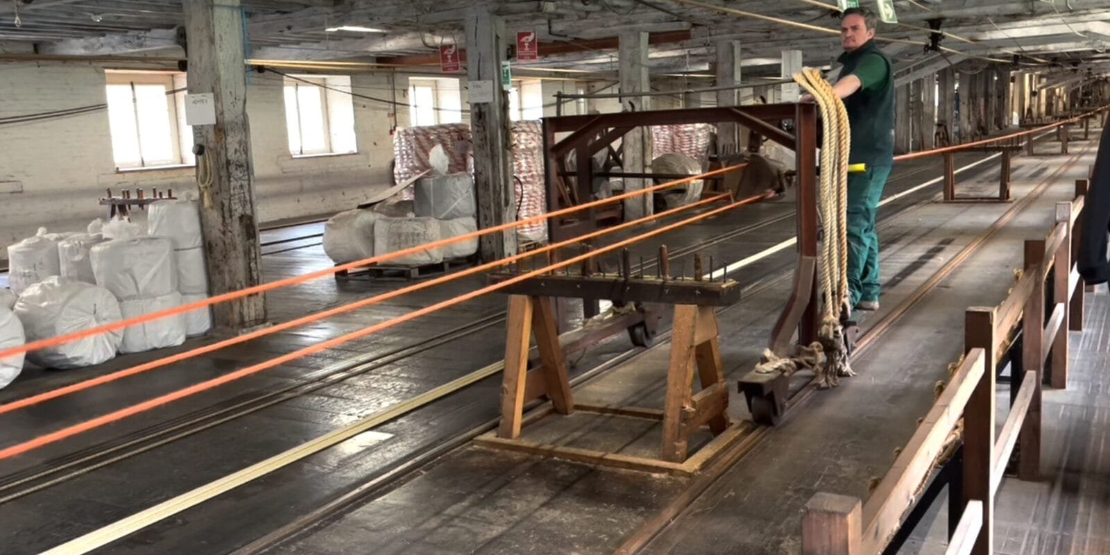 Watching rope being made. The twisting of the strands propels the carriage down the 1/4 mile walkway at some speed.