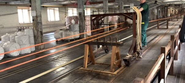 Watching rope being made. The twisting of the strands propels the carriage down the 1/4 mile walkway at some speed.